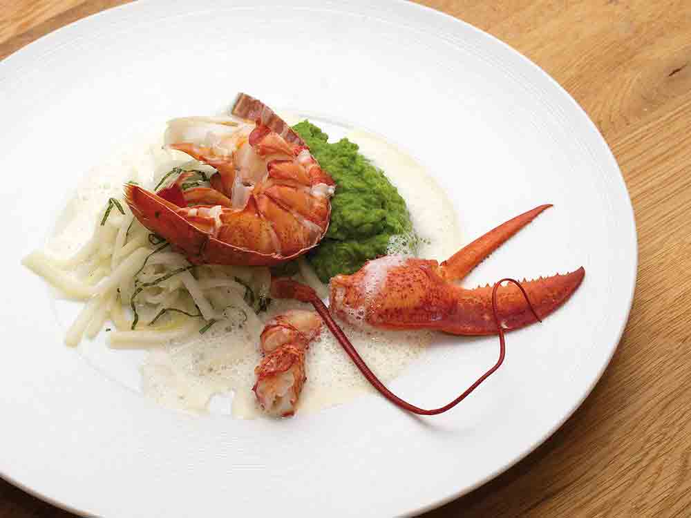 Rezepte für Gütersloh, Hummermenü »Hummer for Lovers«, Hummersalat, Hummersuppe, Hummer auf Basilikum Kohlrabi und Erbspüree