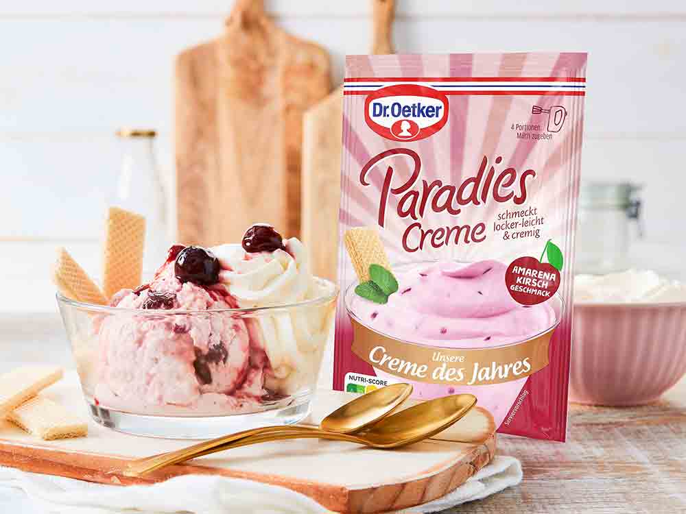 Anzeige: Dr. Oetker Bielefeld, für einen fruchtig leckeren Dessert Klassiker, Paradiescreme des Jahres, Amarena Kirsch Geschmack